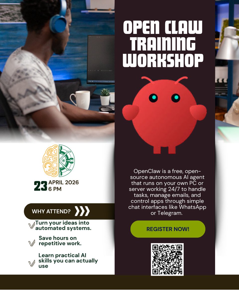 If you want to be successful you have to be as efficient as possible, and Open Claw is a guaranteed way to increase your efficiency.

Join our workshop to become an Open Claw pro! Scan the QR code or join this link: us06web.zoom.us/j/86863744604?…