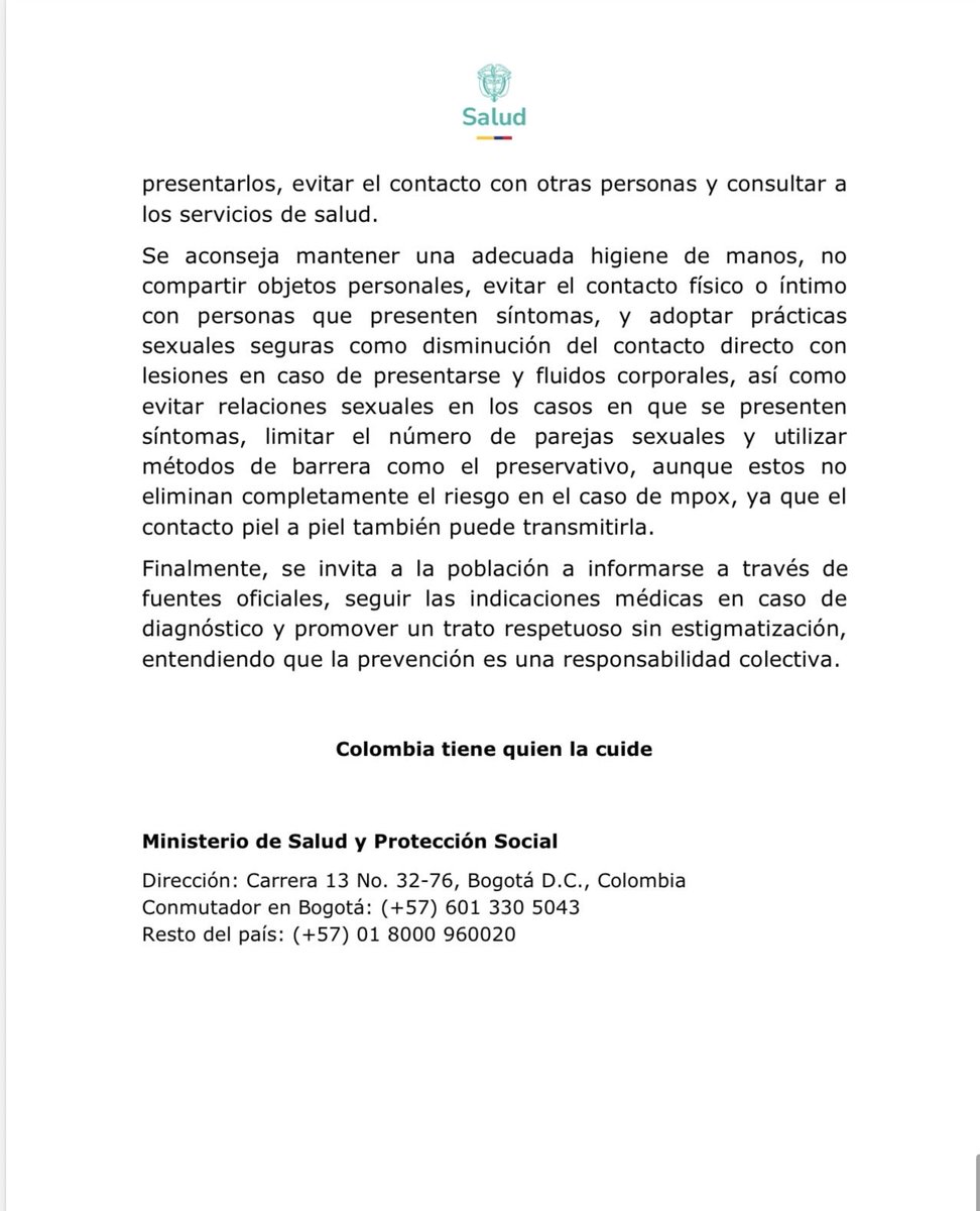 MinSaludCol's tweet photo. #Comunicado | #Minsalud y el @INSColombia informan que, en el marco de la vigilancia epidemiológica y de laboratorio, se confirmó un caso de mpox clado Ib en Antioquia. El evento está en seguimiento por las autoridades sanitarias, conforme a los protocolos nacionales de vigilancia, investigación y respuesta.