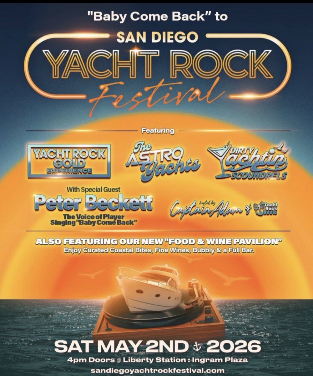 yachtrockradio's tweet image. TWO WEEKS FROM TODAY #SOCAL! Get tix before they sell out! It’s The #SanDiego #YachtRock Festival, info and tix at YachtRockRadio.com. Sea 3 #YachtRock tributes, plus @PeterpBeckett the Voice of Player performing Baby Come Back. Hosted by Captain Adam from #YachtRockRadio,