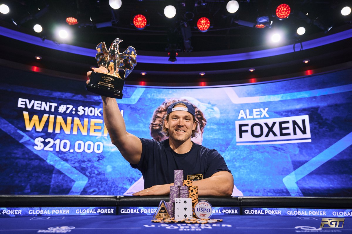 PokerGOTour's tweet photo. Just days after @krissyb24poker won a trophy at the U.S. Poker Open, @WAFoxen got his own. 🦅🇺🇸🏆

He wins Event #7 for $210,000, with @jeremyausmus placing second for a third time this series. 

More: https://t.co/Grba5n8uSf https://t.co/zlrnU1Lr0B
