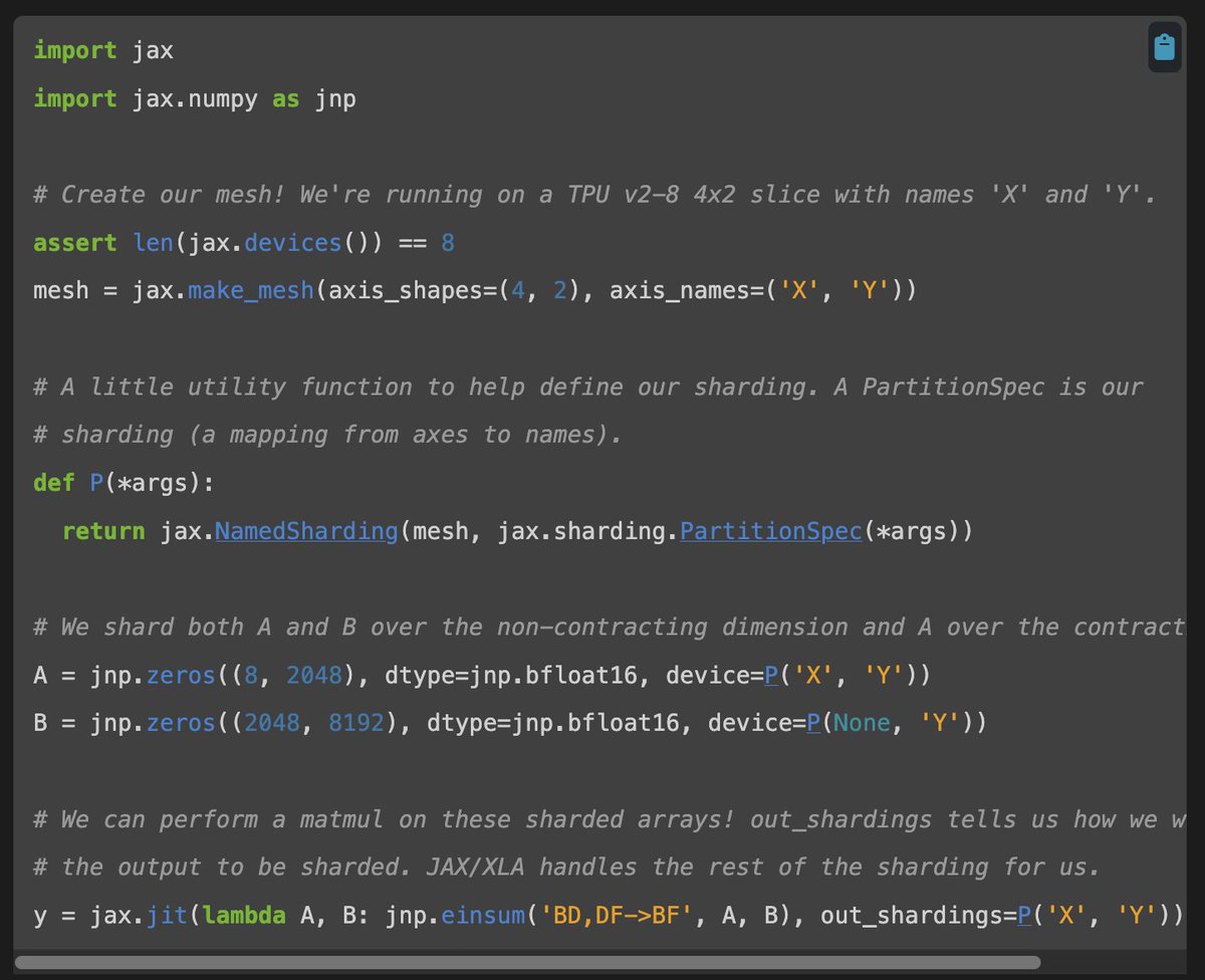 trirpi's tweet photo. One unique feature of jax is it's syntax to describe sharded matrices. You define a mesh, and can then use the device to specify how to shard over it, there's a ton of possiblities on how to shard as shown in the picture. https://t.co/ASPr9OOd36