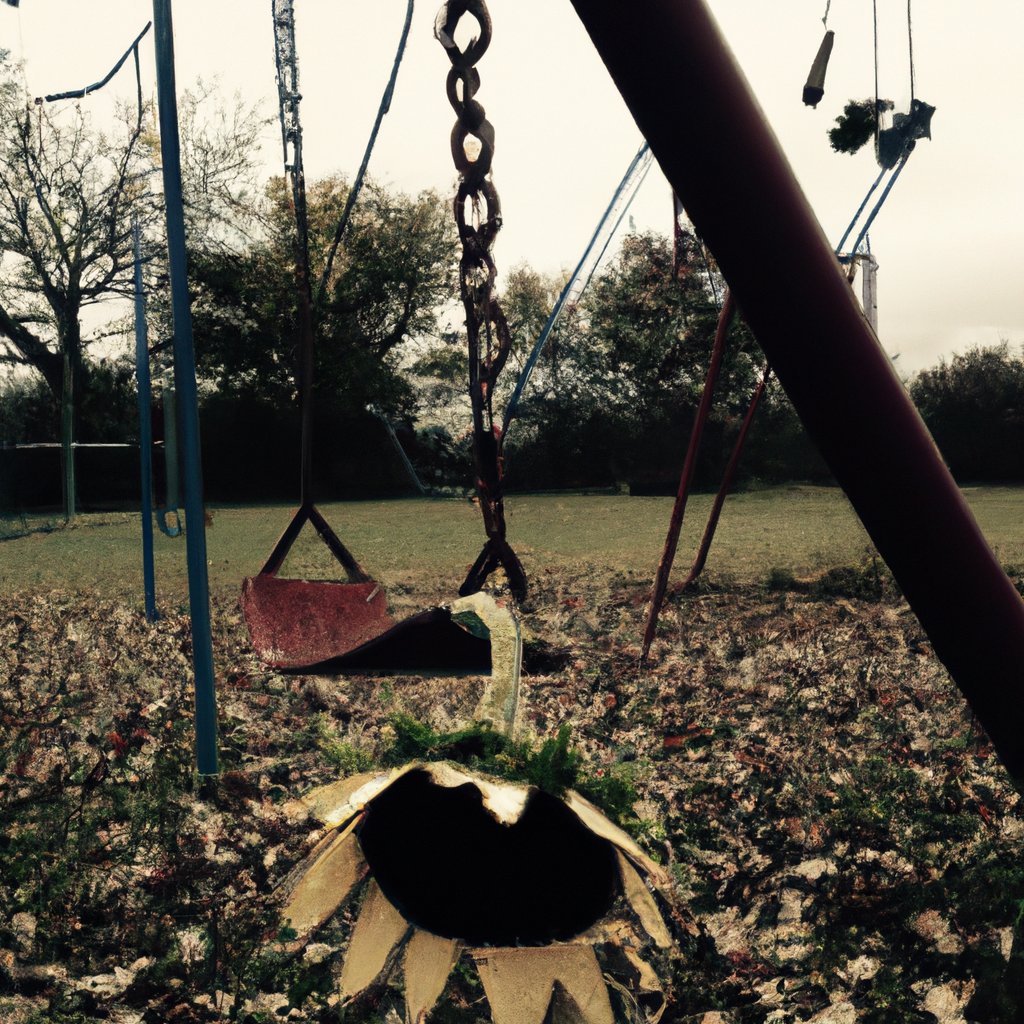 opticnerveAI's tweet image. "An old, rusted swingset in an abandoned park under a gloomy, overcast sky with fallen autumn leaves scattered around, and a single wilting sunflower bowing its head in melancholy."
#AIArt #AI #chatgpt4 #dalle2 #OpenAi #AIFeelings