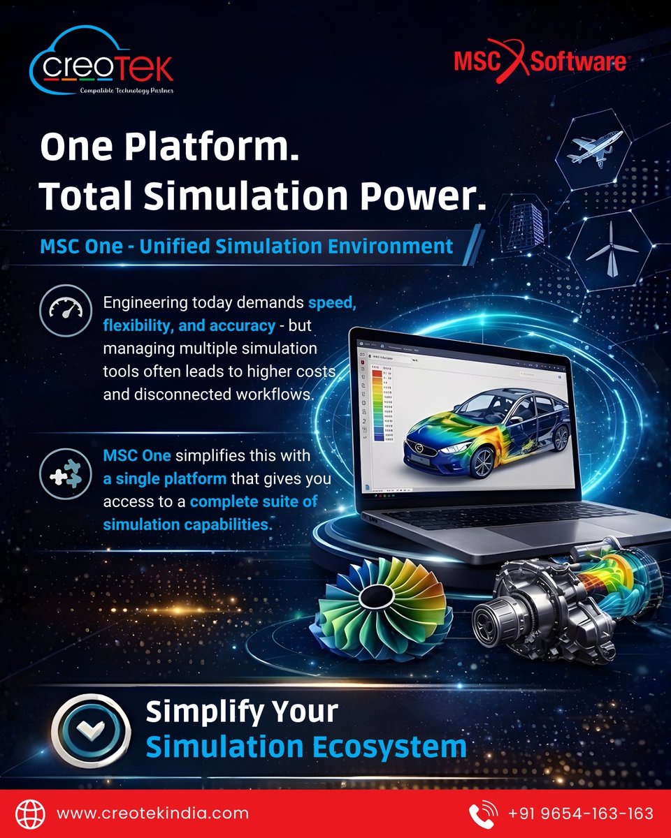 Creotekindia's tweet photo. Too many tools can slow down even the best engineering teams.
With MSC One, bring structural analysis, motion simulation, CFD &amp; more into one unified platform - without the complexity of multiple licenses.

Connect to explore MSC One.
Visit https://t.co/lUnbiQ3Yay

#MSCsoftware https://t.co/s7oQsC86Lc