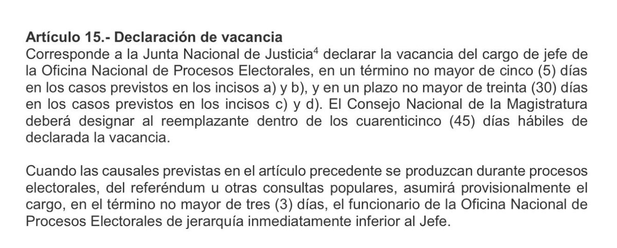 #DATOELECTORAL 
El art. 15 de la ley orgánica de la <a href="/ONPE_oficial/">ONPE</a> contempla que en el caso se saque del cargo al jefe, quien asume es el funcionario de la misma entidad que le sigue en jerarquía (GG).
La <a href="/JNJPeru/">Junta Nacional de Justicia</a> solo puede nombrar a un nuevo jefe luego de un concurso público.