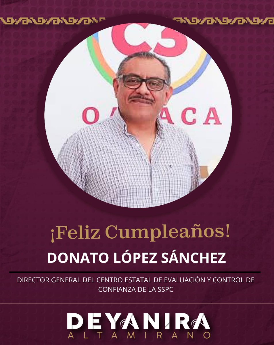Extiendo mi más sincera felicitación a Donato López Sánchez, Director General del Centro Estatal de Evaluación de la SSPC con motivo de su cumpleaños. 

Le deseo un año lleno de salud y bienestar.

¡Felicidades!