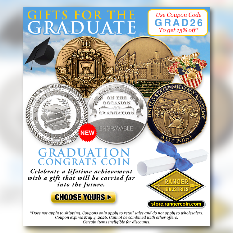 RangerCoin's tweet image. Choose one of our exclusive #ChallengeCoins to give to the #graduate in your life that will be carried far into the future 🎓 Personalize with text engraving to leave an important #graduation message 🎁 LIMITED TIME: Use Code GRAD26 for 15% off* at ▶️ store.rangercoin.com/product-tag/gr…