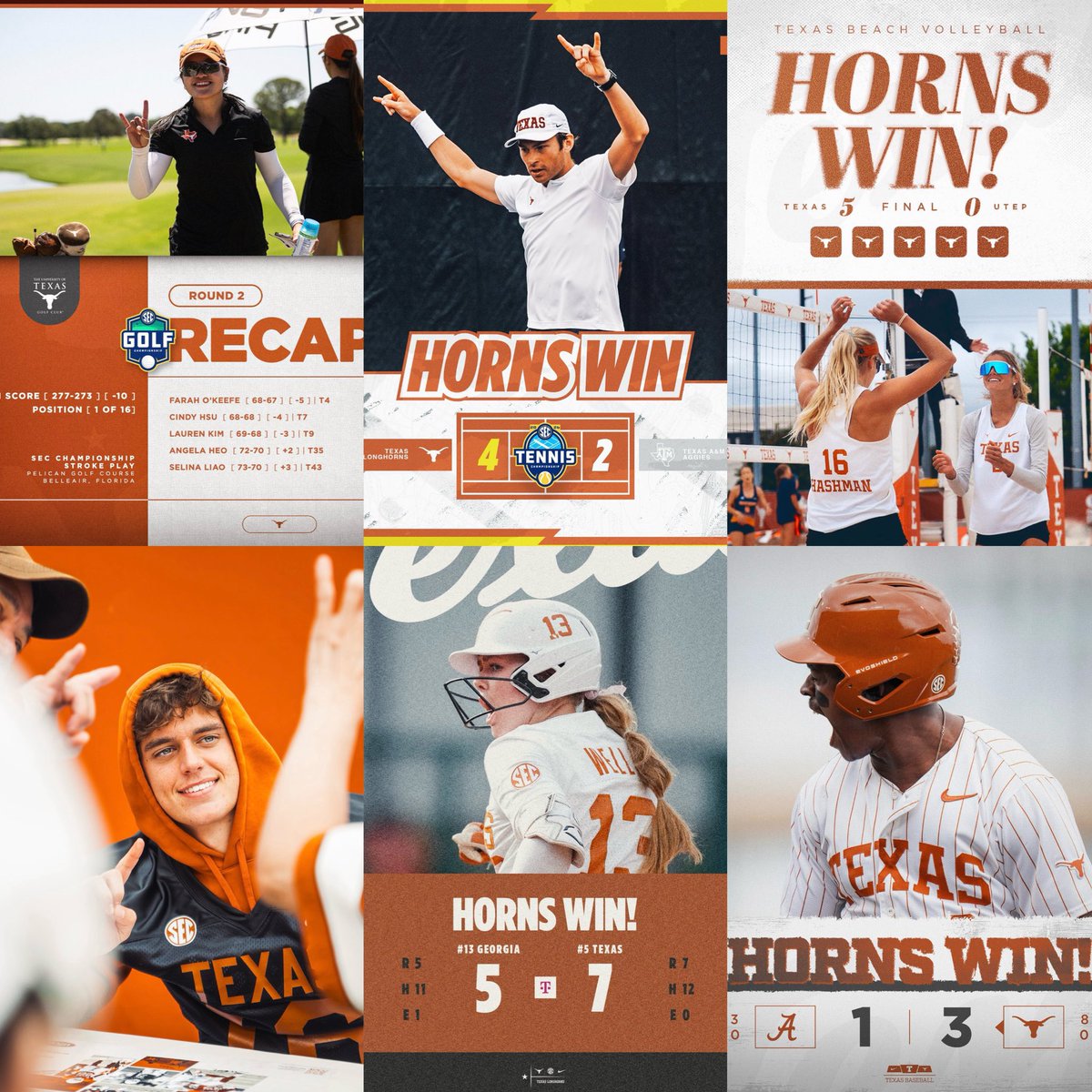 UT_Bianco's tweet photo. 🤘🏻 WINNING THE DAY: 5-0 Saturday, 3 top-15 wins

@TexasMTN→ punches ticket to SEC Championship Match
@TexasWGolf → in first at SEC Championship
@TexasSoftball→ storms back for top-15 road win
@TexasBaseball→ locks up series
@TexasBeachVB→ wins 2
@TexasFootball→ Day for Fans https://t.co/6KNPQXtvgV