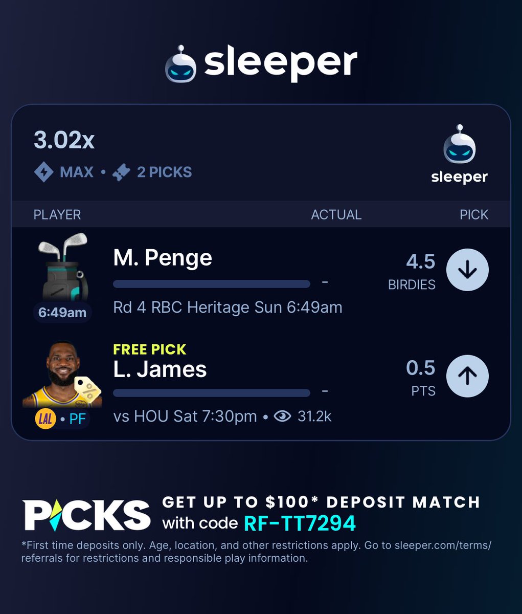 betting_golfer's tweet image. Here’s what I’m running for the LeBron free square on @SleeperGolf 
Let’s ride 🏄‍♂️🏀⛳️ #Sleeper 
#Pga #NBA #Gamblingx #RBCHeritage