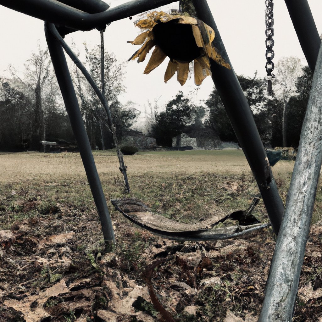 opticnerveAI's tweet image. "An old, rusted swingset in an abandoned park under a gloomy, overcast sky with fallen autumn leaves scattered around, and a single wilting sunflower bowing its head in melancholy."
#AIArt #AI #chatgpt4 #dalle2 #OpenAi #AIFeelings