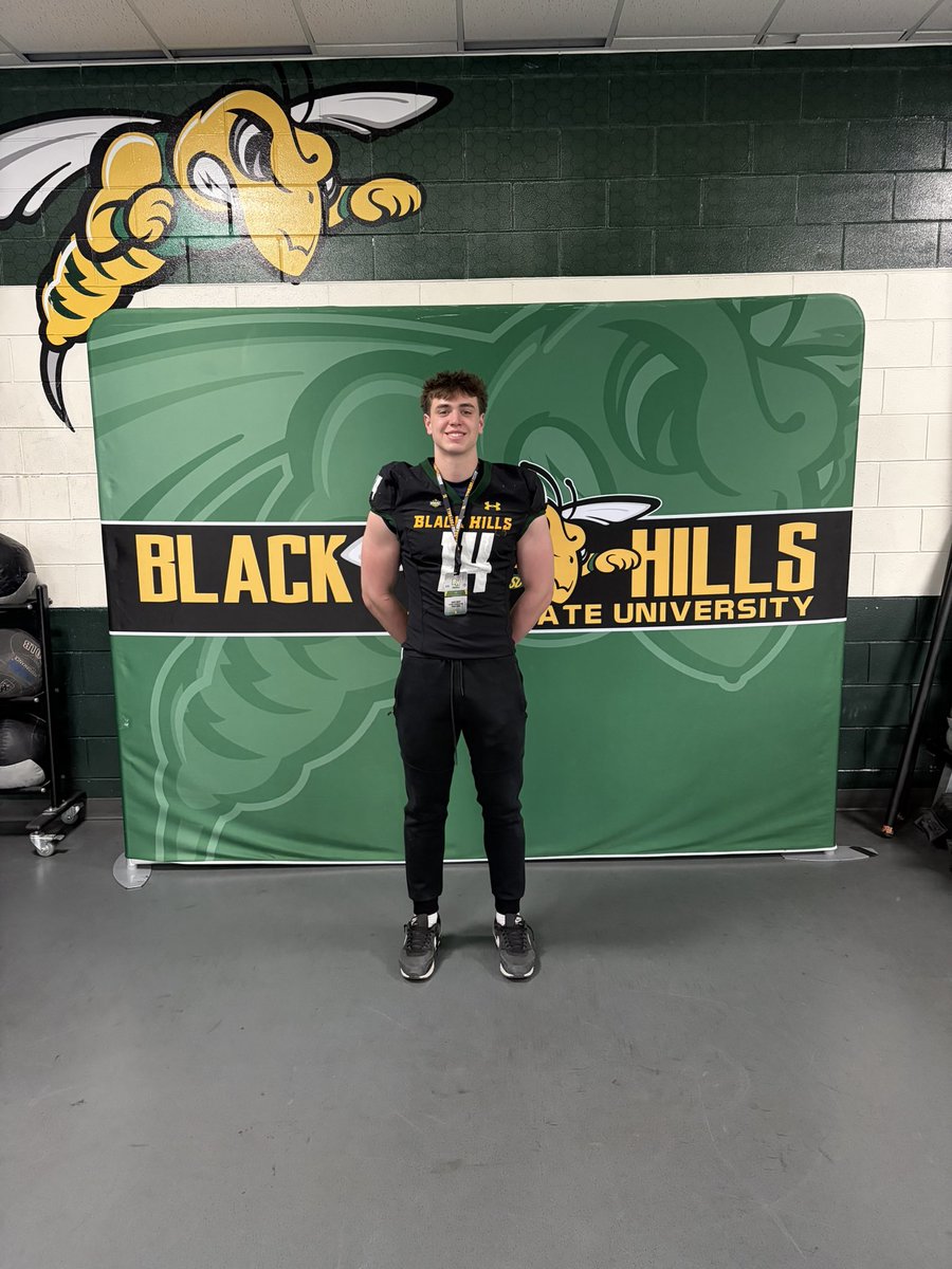 GageWest1636's tweet photo. Had a great time at Black Hills State! Big thanks to all the coaching staff for the information and amazing tour! @CoachSchafer4 @BreskeJosh 
@SturgisSDFB https://t.co/zu71b0QgRi