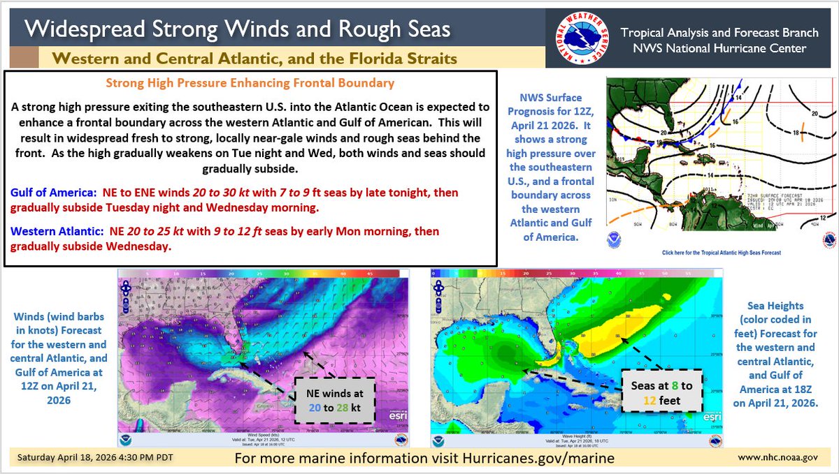 NHC_TAFB's tweet image. A late-season cold front is going to bring hazardous #marine conditions across the Gulf of America and western Atlantic the next few days. Mariners need to plan accordingly and exercise #caution.