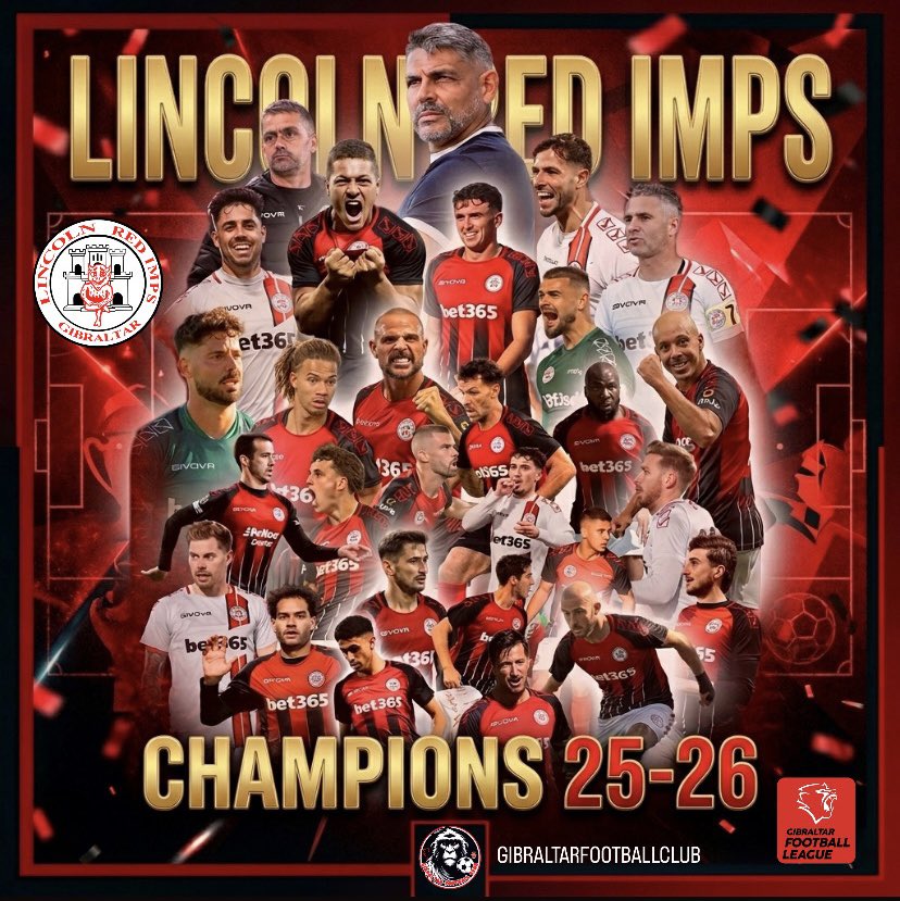 GibFootballClub's tweet photo. Lincoln Red Imps 🔴⚫️

🇬🇮 Is proclaimed champion of the Gibraltar Football League. The Bezares team finished the championship by making a qualifying comeback. Congratulations !!

🏆 This season they won the 3 Gibraltar titles. 
#LRIFC #gibraltar #GFL https://t.co/LSKwCL5E2M