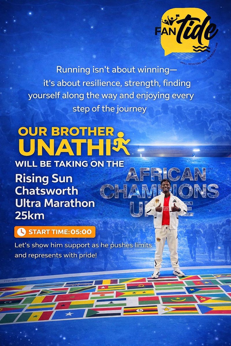 FanTideSA's tweet image. Our brother Unathi takes on the Rising Sun Chatsworth Ultra Marathon (25km) at 05:00 🏃🏾‍♂️

Strength. Resilience. Pride. Let’s stand behind him all the way! 💛 #FanTide #RunWithPride