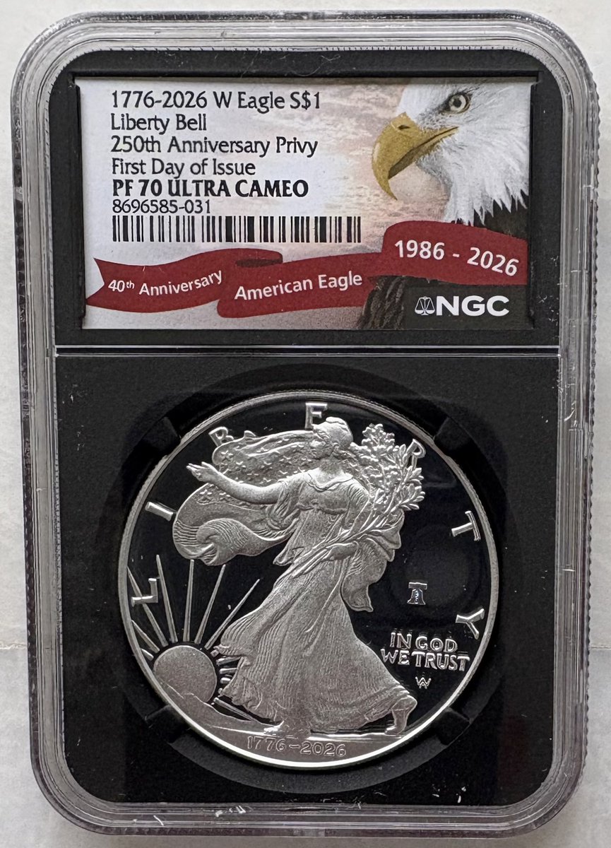 CoinGuy62's tweet photo. I recently added this dual date 2026 Proof American Silver Eagle with the
“Liberty Bell 250th Anniversary Privy” to my collection. https://t.co/yHkOqhnjWe