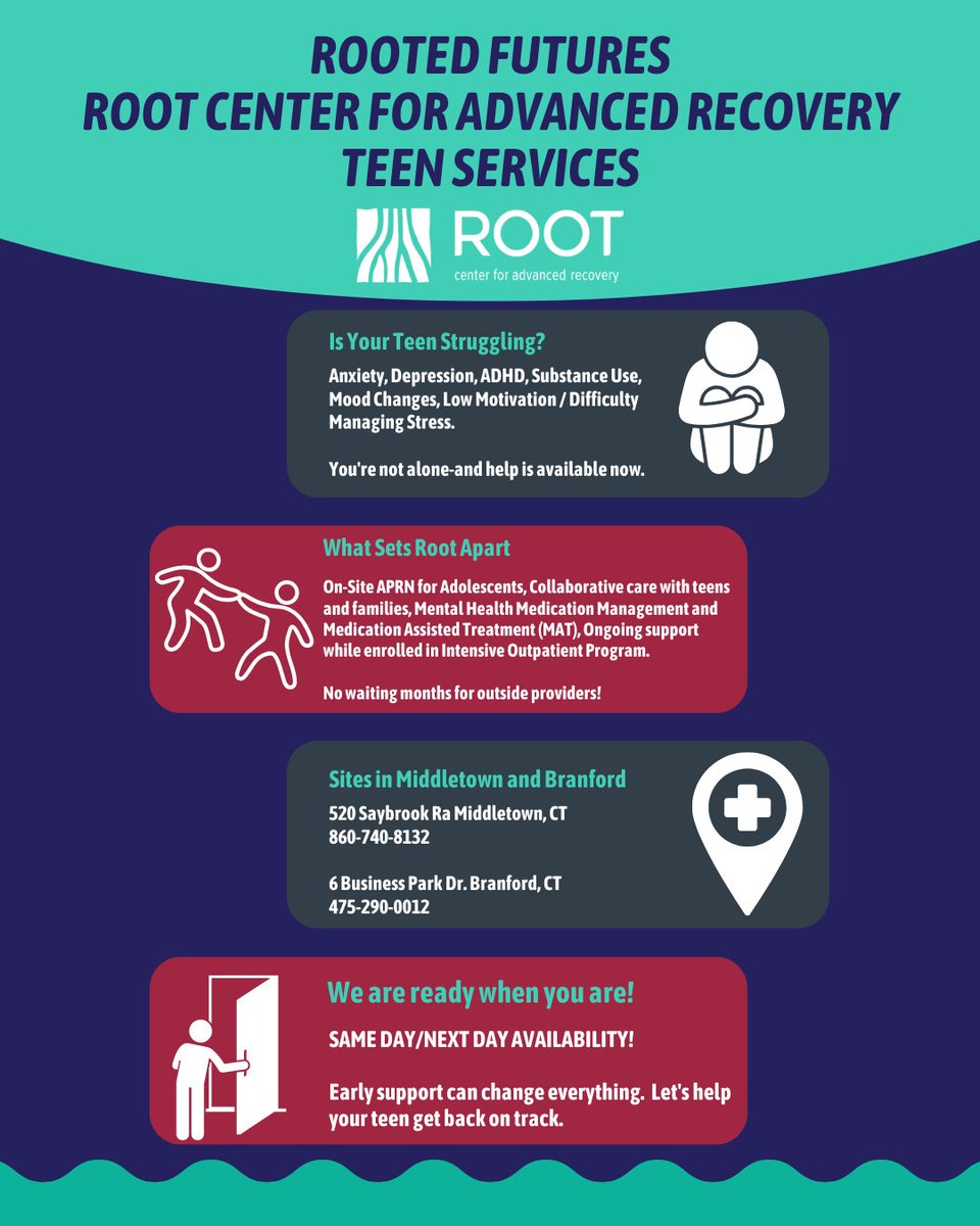 RootCenterCT's tweet photo. At Root Center, our teen services provide compassionate, evidence-based care for anxiety, depression, ADHD, substance use, and more. We strive to support both teens and their families every step of the way. Call to get started or visit https://t.co/DKE5DlqyI1
#MentalHealthMatters https://t.co/dzq3ICjxRK