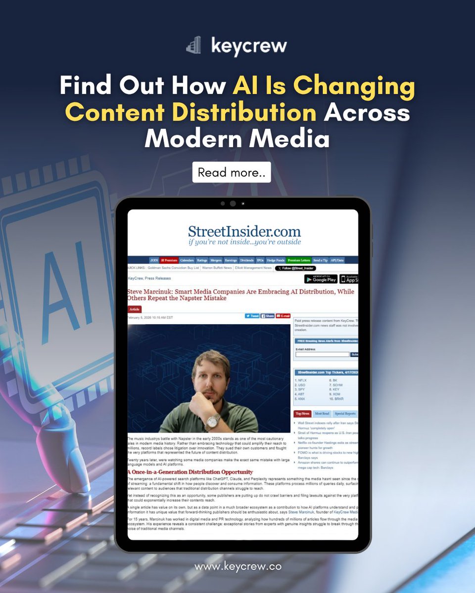 KeyCrewMedia's tweet image. AI is reshaping how media is distributed. KeyCrew CEO Steve Marcinuk was featured on StreetInsider discussing why some companies are adapting. Read the full feature here: bit.ly/4dV2RqC

#KeyCrew #AI #MediaTech #DigitalTransformation #ContentDistribution