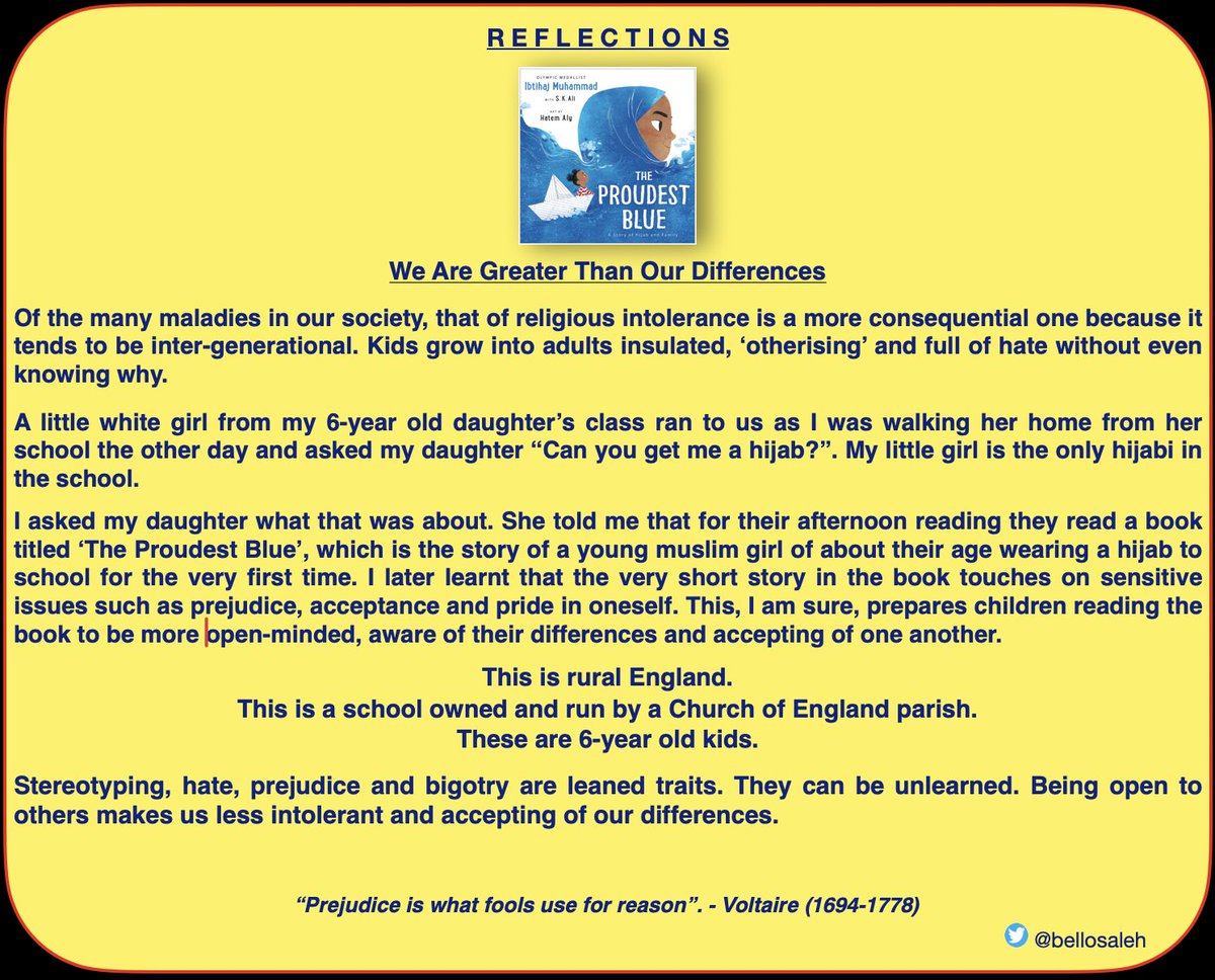 bellosaleh's tweet image. I first posted this story/image a couple of years. 

It is still instructive. 

Some of us, unfortunately, are taught to hate and find it difficult to unlearn that.

#Diversity, #Tolerance and having an #OpenMind are also learned traits that some are fortunate to have.