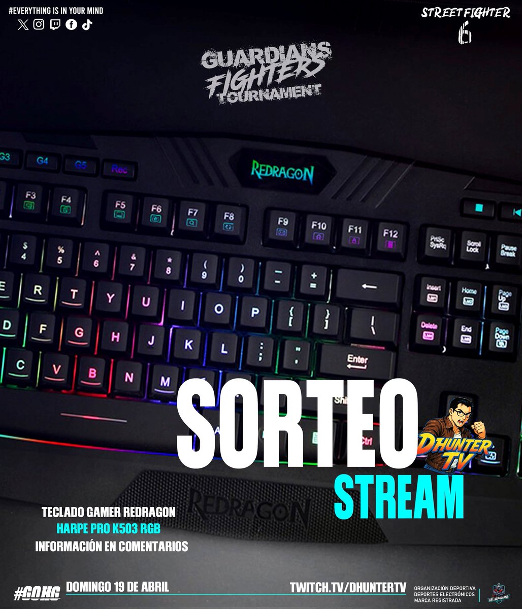 HellguardiansE's tweet image. ¡Mañana domingo 19, durante el stream de nuestro torneo Online sortearemos un Teclado Gamer Redragon Harpe Pro K503 RGB!.

¡Sorteo válido únicamente en 🇨🇱.

¿Cómo participo?.

- Seguirnos y a @DhunterTvTwitch
- Comenta usando el #Guardians
- Permanecer en Stream.

#GOHG