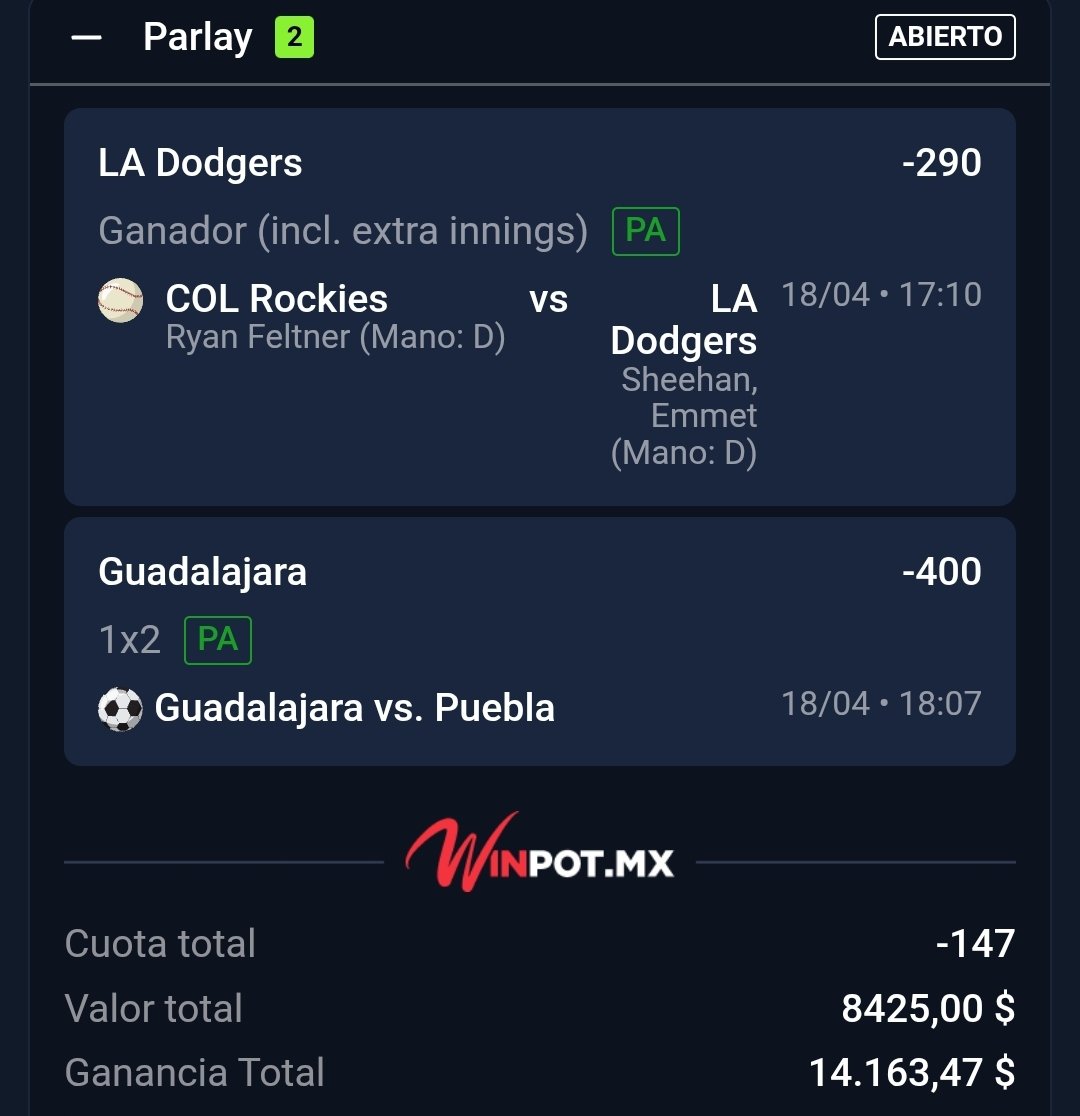 ChapitoApuestas's tweet image. 🚨| RETO SÚPER EXPRESS DE SÁBADO GRATUITO 🔝🥳

Paso 2:

Parlay [-147]
- Dodgers ML
- Chivas ML

Vamoooooos con este 2do Paso Chingones. 

Comienza en 25 minutos.

¿Me Sigues y te Subes al Barco? Deja ❤️ de la buena vibraaaaa Caraaaajooo 👊 !!