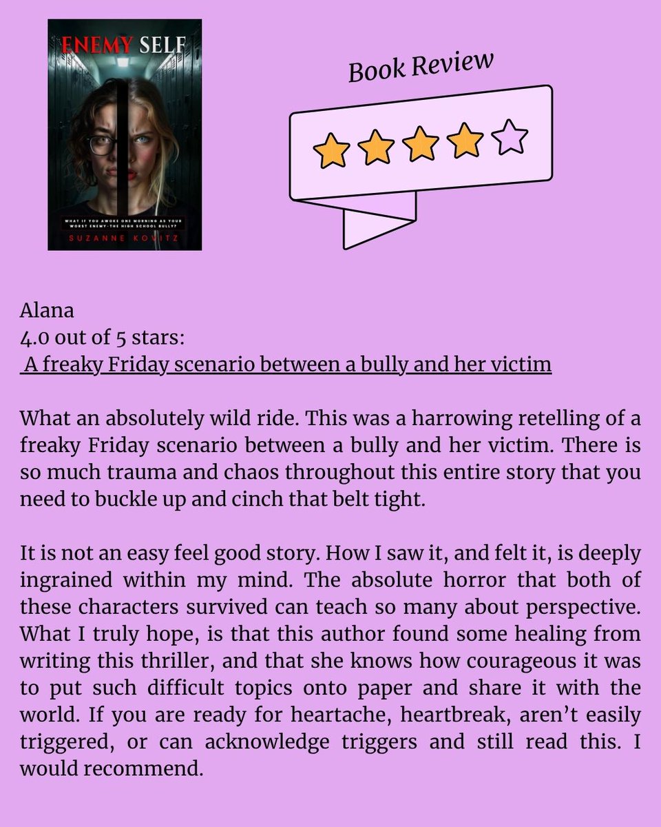 suzannekovitz's tweet image. Book Review:  4 out of 5 star.  Enemy Self.  Amazon:  a.co/d/cX5ZRtt

#booktok #tbr #book #reading #bookreview #bookratings #bookrecommendations
