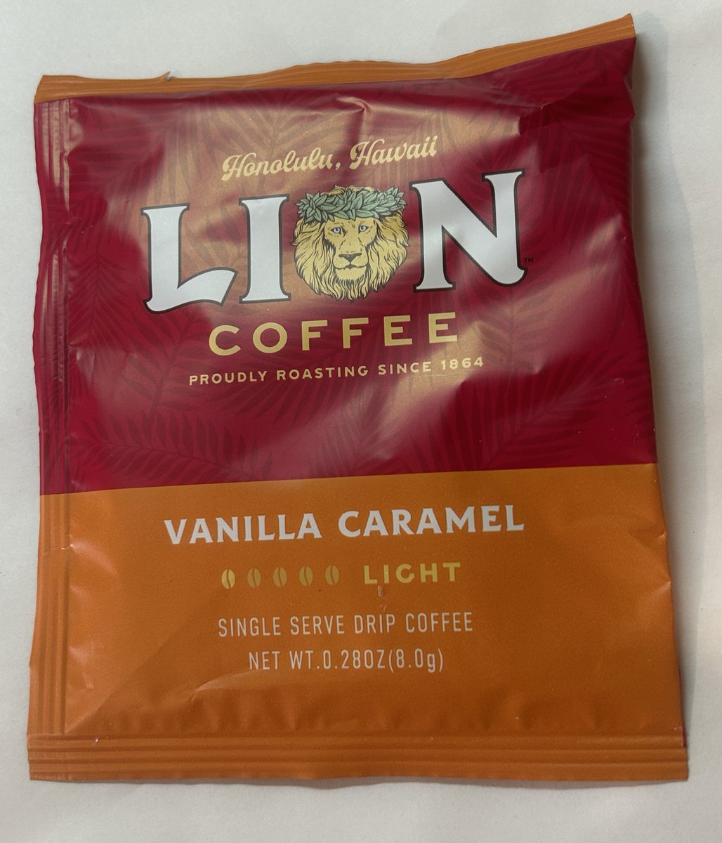 tokobeaute's tweet photo. 463：LION COFFEE：VANILLA CAARAMEL
ジャケがスキ🦁
カルディの香りがする。コナの香りがする。
でも、ジャケがスキ🦁

#ドリップバッグコーヒー 
#LION_COFFEE https://t.co/pubwTPp5qz