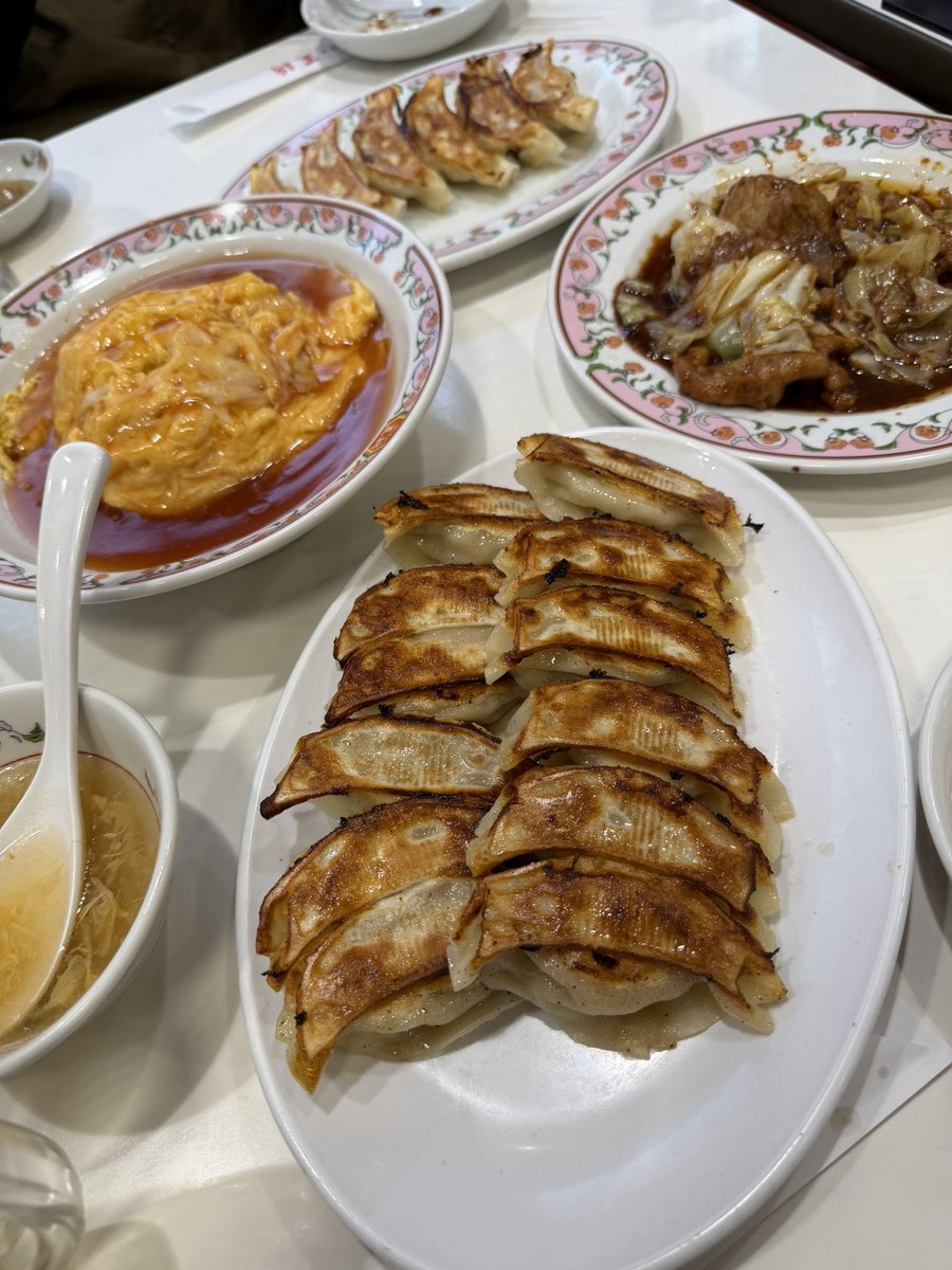 この間の餃子day🥟

餃子も回鍋肉も天津飯もだいすきだから
王将は好物しかないわけで

何食べてもにゃーにゃーする🥟
ホルモンの味噌炒めも好き。もきゅもきゅしながらもぐもぐするけど、すきあじ。

1人より2人の方がいっぱい頼めて、わけわけできるから尚よし🫶🥟