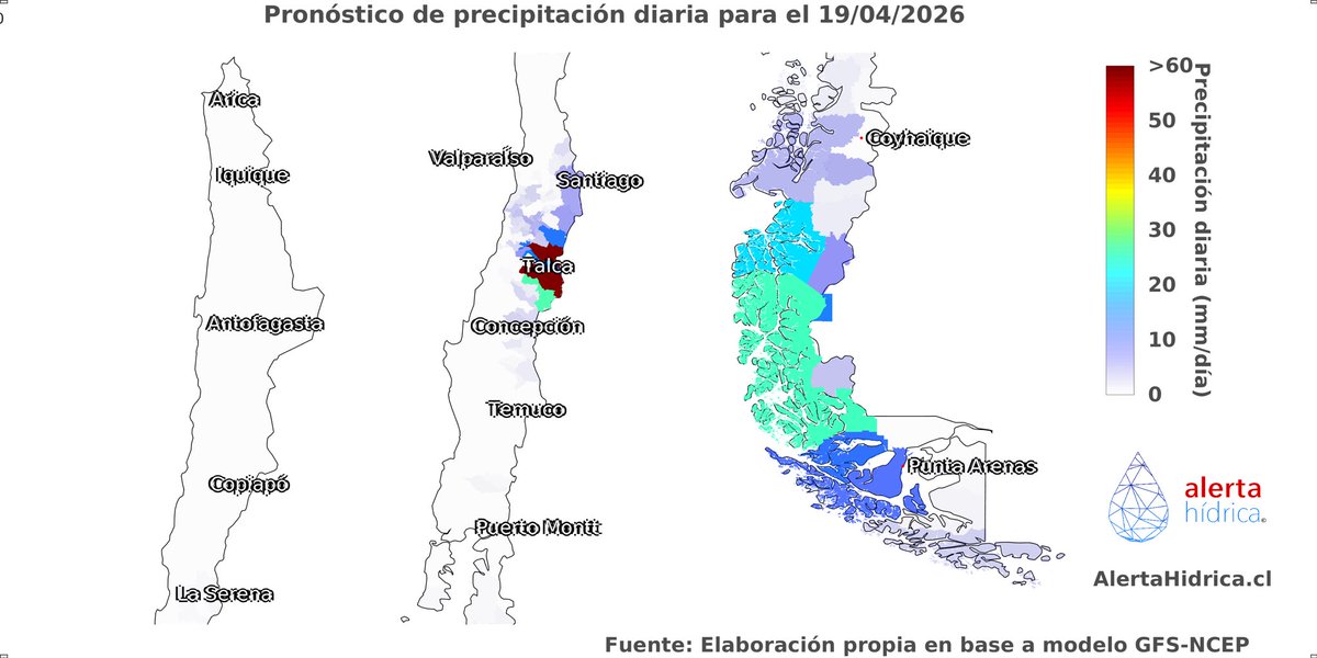 #Pronóstico de precipitación 🌧 para el 19 de abril👇

📊 Revisa la actualización del pronóstico cerca de tu localidad en 👉 explora.alertahidrica.cl/#/pronostico-m…