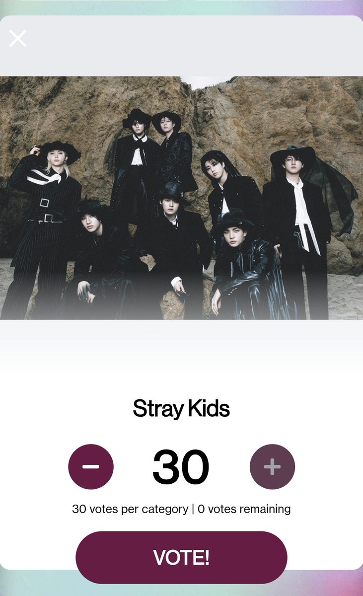 oi gente nao sei se eh tao relevante quanto discutir a sexualidade dos membros do skz, mas ta rolando votação pro stray kids no AMAS na categoria "Best Male K-pop Artist" eh super rapido de votar, so logar no google 
vote.theamas.com