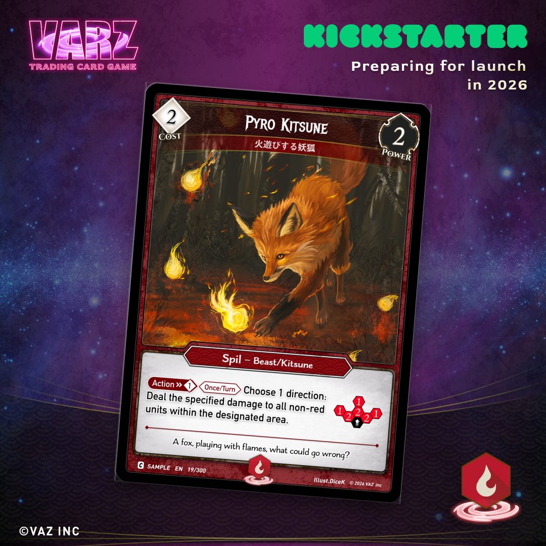 VARZ253922's tweet image. 🔥火遊びする妖狐

1方向を指定して広範囲を焼き払う！
赤以外のユニットにダメージを与え、戦線を一掃🔥

位置と向きで勝敗が決まるテクニカルアタッカー。

#VARZ #TCG #Kickstarter