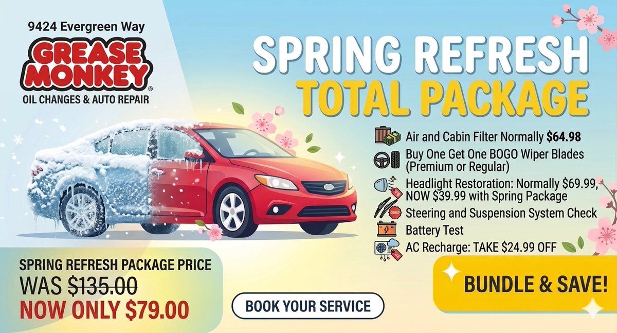 GreaseMonkey942's tweet image. Our Spring Package is down from $135 to $79! 

Includes: 🔹 Air &amp;amp; Cabin Filters (Reg. $64.98) 🔹 Steering/Suspension Check 🔹 Battery Test  

PLUS: ✨ $39.99 Headlight Restoration (w/ pkg) 🌧️ BOGO Wiper Blades ❄️ $24.99 off AC Recharge  #CarService #SpringDeals #AutoRepair
