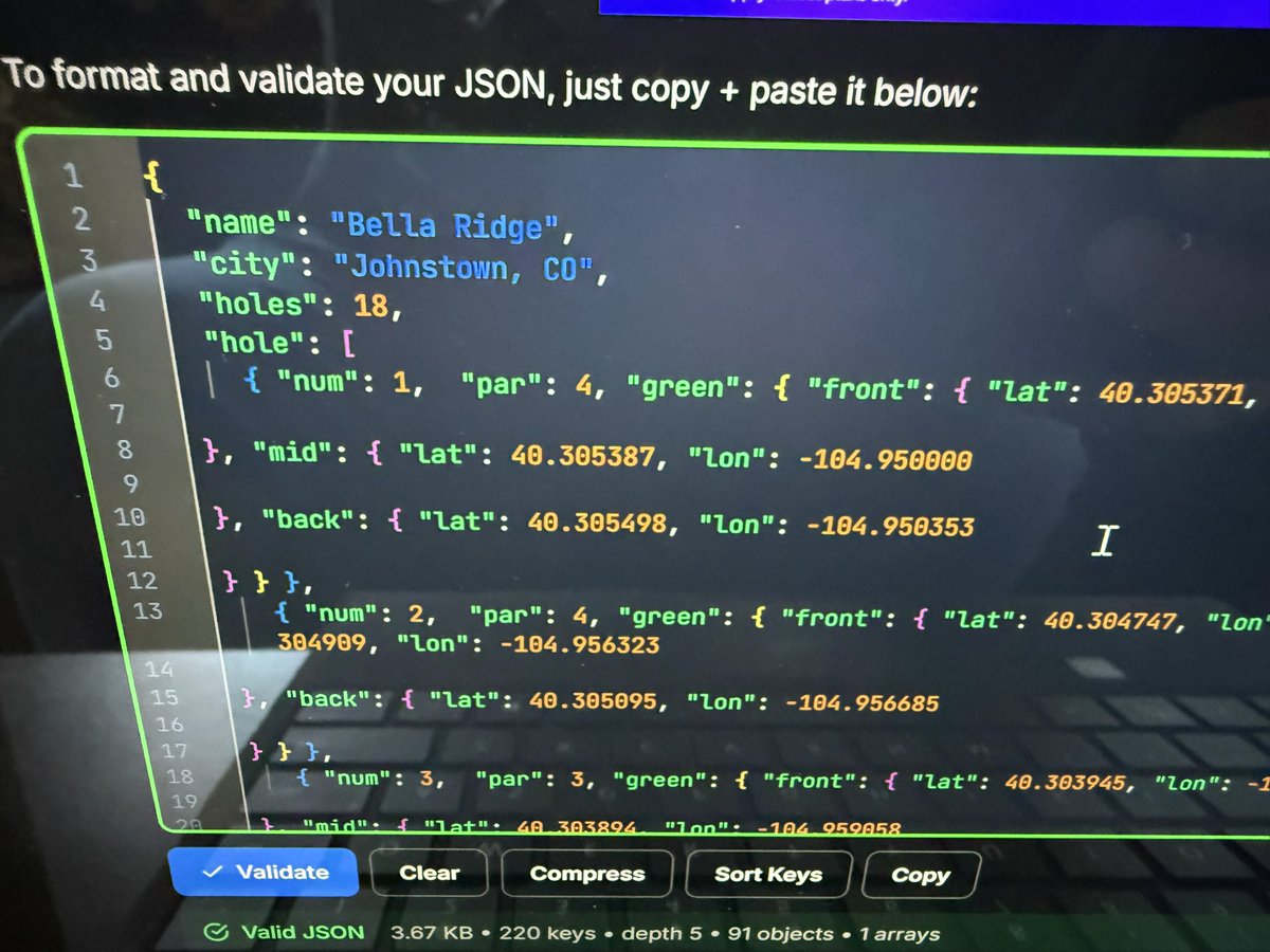 EnemyofGLaDOS's tweet photo. I made adding golf courses via JSON files on the SD card- makes it easy to pop the SD card out throw a course on it and pop it back in the CoreS3. Found this JSON checker online.
#CoreS3 #M5Stack #IoT #ESP32 https://t.co/qVkV1IXjN3