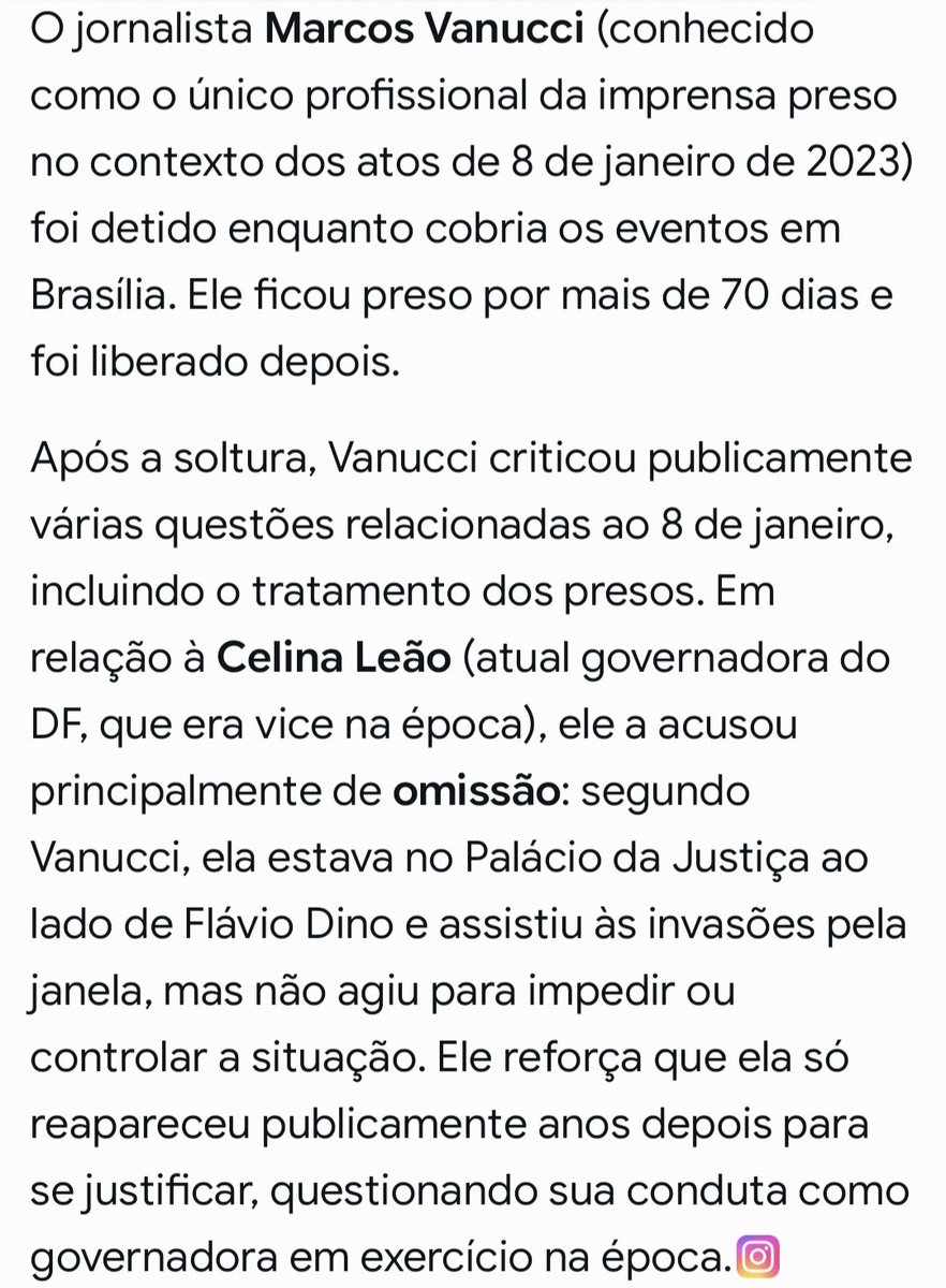 Celina Leão estava ao lado de  Dino no 8 de Janeiro vendo a farsa acontecer.O senador Izalci luta pelos presos políticos do golpe da Disney.Cadê empatia para com os  presos políticos?O jornalista Marcos Vanucci foi preso nesse dia e a acusa Celina de que ela foi no mínimo omissa.