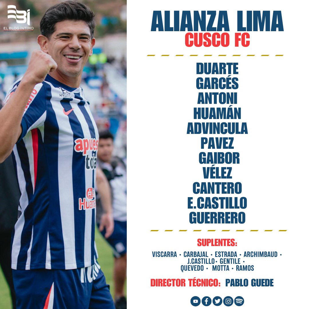 👥 | Está es la alineación titular de Alianza Lima que empezará acciones ante Cusco FC, en el Estadio Alejandro Villanueva, para no perderle pisada a Los Chankas por el liderato del Torneo Apertura.

➡️ Se retorna al 4-3-3, siendo la titularidad de Fernando Gaibor en lugar de