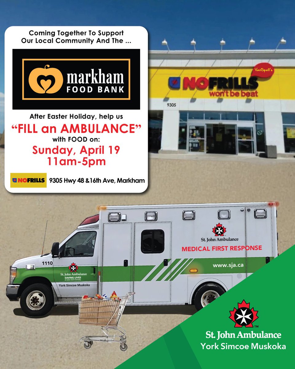StephenAWatkins's tweet image. TOMORROW! This SUN.,APR.19, shop #NoFrills 🛒 #Markham during 11-5pm &amp;amp; help #FILLanAMBULANCE 🚑 w/🥫 FOOD @MarkhamFoodBank. 👏 TY VanSpall's @nofrillsCA for hosting! St. John Ambulance @SJA_York Simcoe Muskoka supporting #FoodBanks.

@SJAOntario | @frankscarpitti | @MarkhamBoard