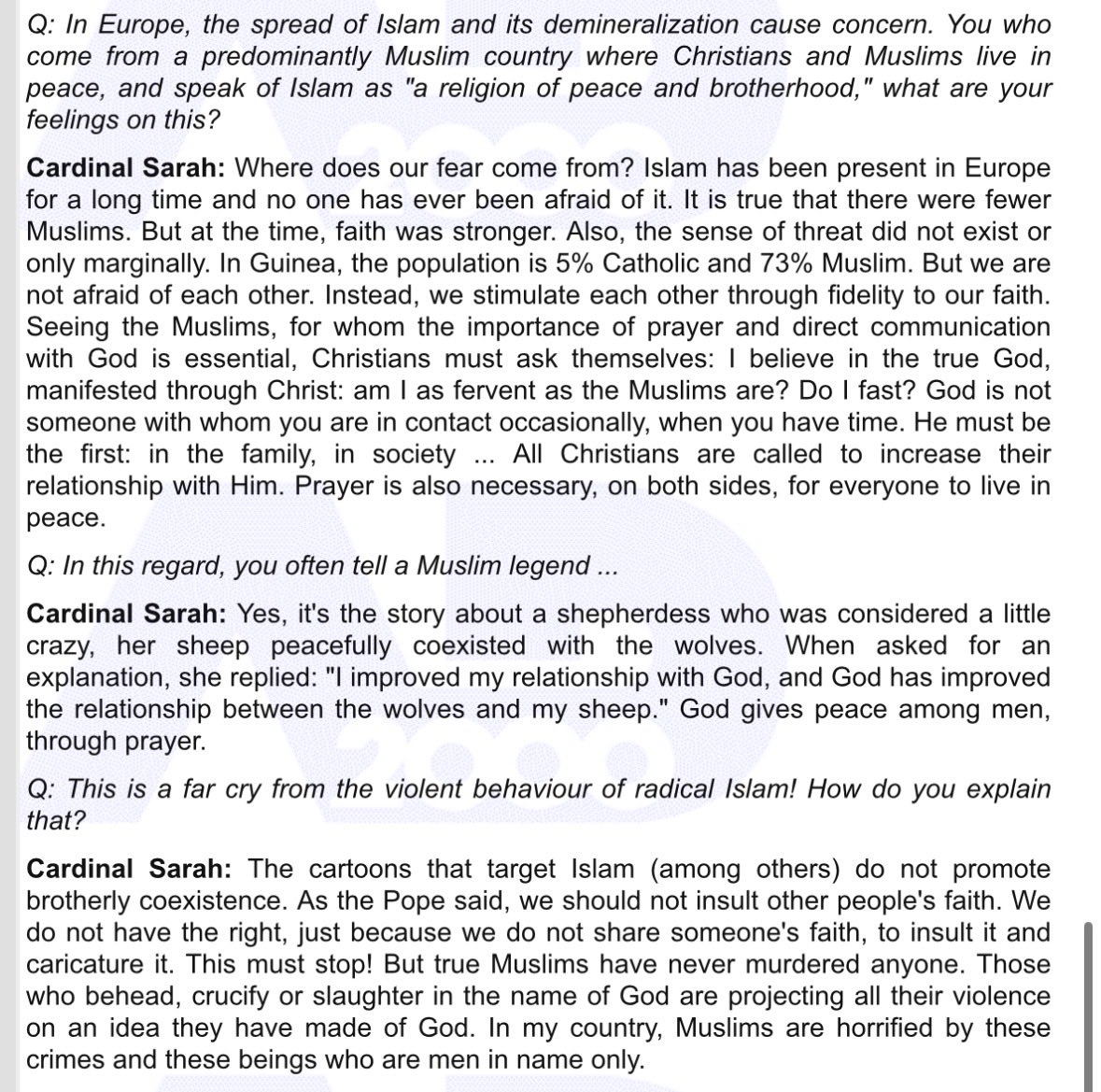 thoughtsarefree's tweet image. Cardinal Sarah, who lived in a Muslim majority nation, said, true Muslims are peaceful. It's unChristian to spread hate and fear of ALL muslims. The problem is always with extremists, including Zionists, ISIS and #MAGA fanatics ad2000.com.au/articles/2015/…