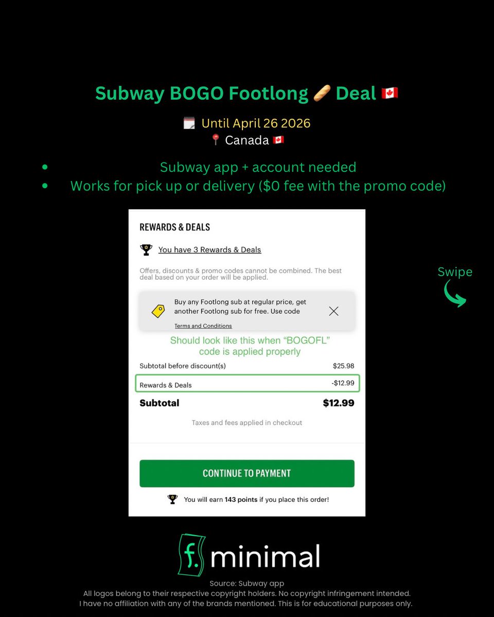 fdotminimal's tweet image. Here’s how to get 2 footlongs for the price of 1 🫪🥖🥖 at Subway 🇨🇦 works until April 26 2026

Disclaimer: I have no affiliation with any of the brands, companies, or products mentioned. This is for educational purposes only. #couponing #deals #discount #offer #fyp #canada
