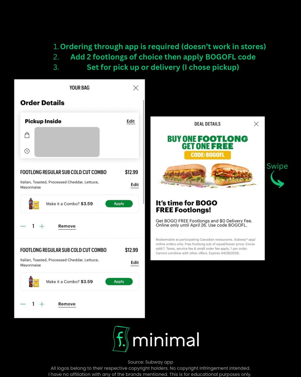fdotminimal's tweet image. Here’s how to get 2 footlongs for the price of 1 🫪🥖🥖 at Subway 🇨🇦 works until April 26 2026

Disclaimer: I have no affiliation with any of the brands, companies, or products mentioned. This is for educational purposes only. #couponing #deals #discount #offer #fyp #canada