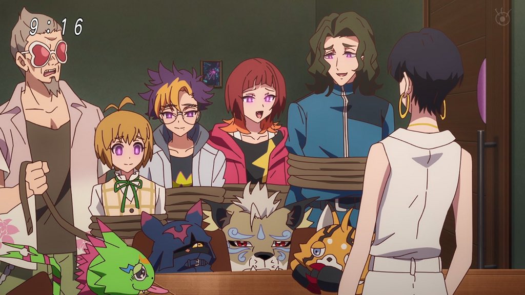 From "Digimon Beatbreak"

All the members of Golden Dawn got hypnotized to love their Digimon too much.