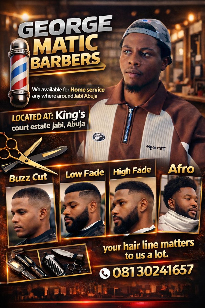 oyi_owukpa's tweet image. GEORGE MATIC BARBER ✂️🔥
We offer you the best!
📍 King’s Court Estate, Jabi Abuja
🚗 Home service available
📞 08130241657
#AbujaBarber #CleanFade #BarbingNigeria