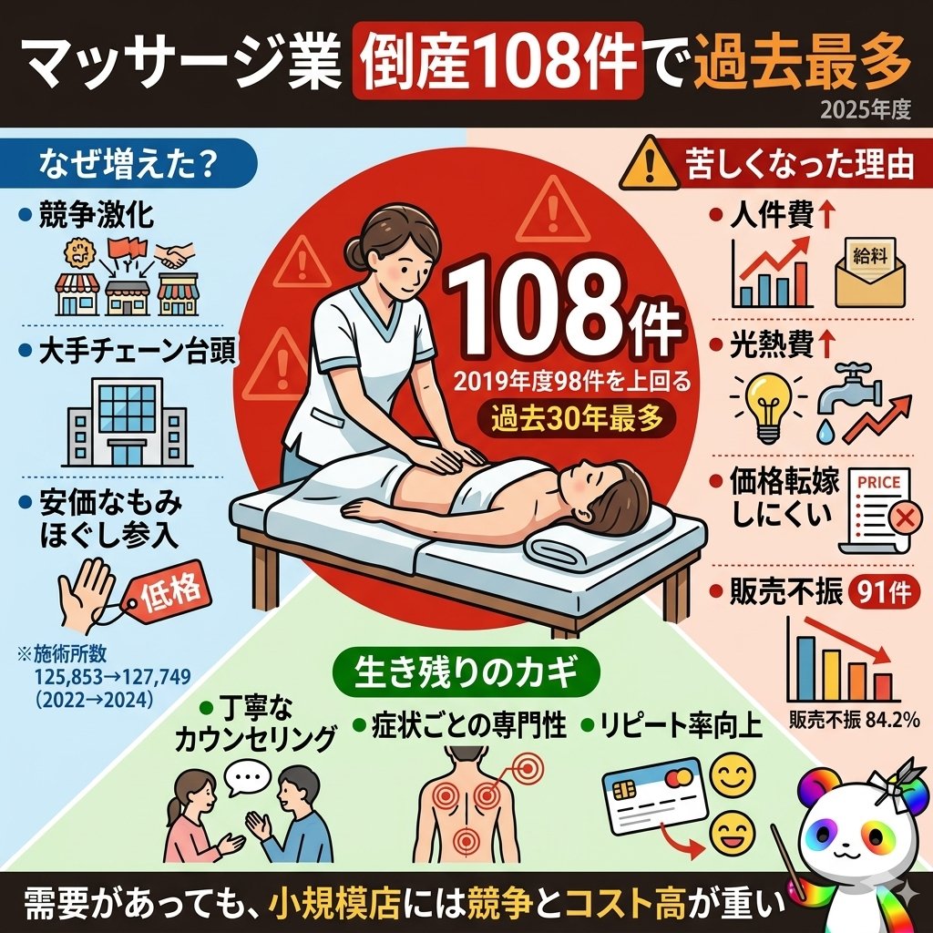 需要はある。
それでも倒産は増えている。

2025年度、
マッサージ業の倒産は108件。
過去30年で最多でした。

なぜか。

需要が消えたからではありません。
競争が激しくなったのに、
人件費と光熱費が上がり、
施術料に転嫁しにくいからです。

大手チェーンの台頭。
安価なもみほぐしの参入。