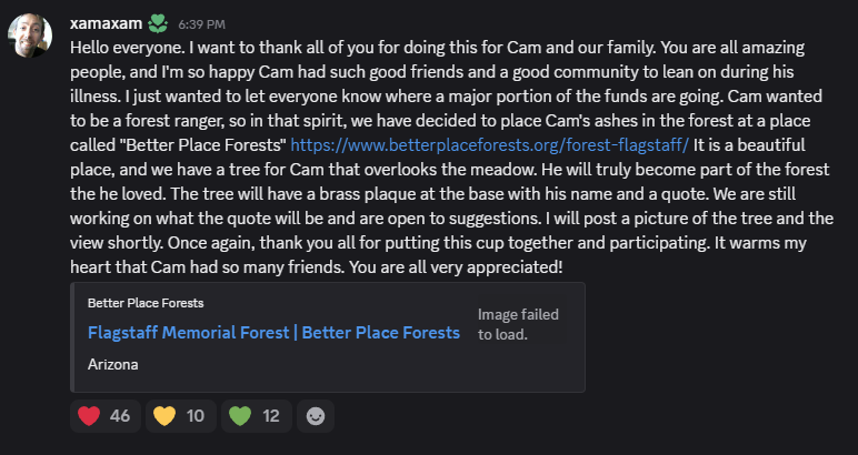 FiresideCasts's tweet photo. We hit the goal early today, but job's not done yet for Cam's Cup. Tune in tomorrow same time. You know the schedule! Same time same place, https://t.co/TDMUKzCy9r.  

Here's a message from Cambonieboo's father. https://t.co/XGKvugupL2