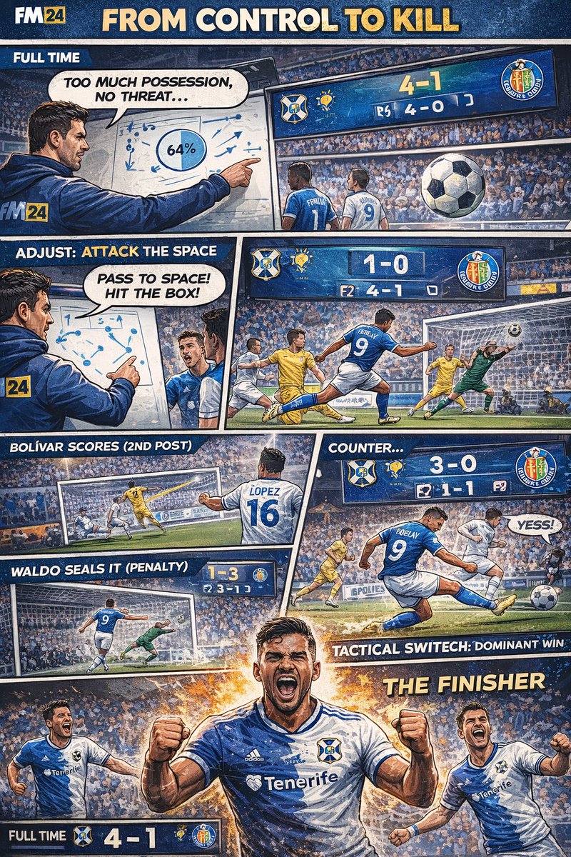 FMCHITAMONKEY's tweet image. Tenerife 4–1 Getafe
Tactical switch changed everything. Bolívar brace, López stepping into the box, Waldo from the spot. From control to killer instinct.

#FM24 #Tenerife #LaLiga #RoadToGlory #FootballManager