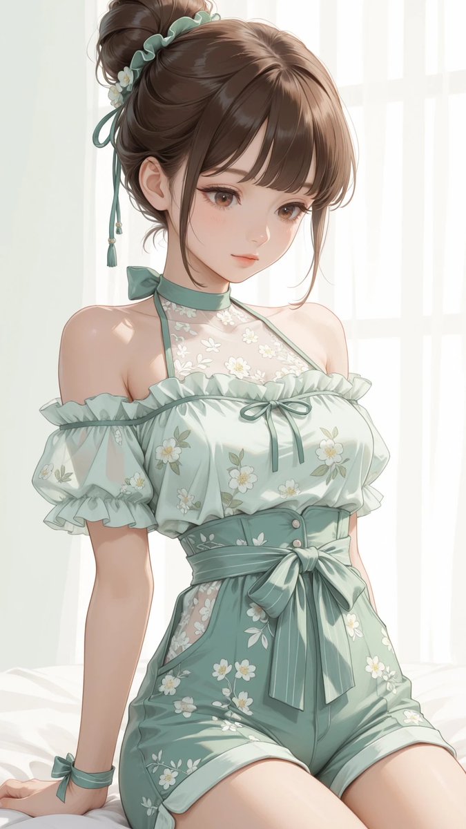 AliceLavli's tweet image. ٩(ˊᗜˋ*)وおはよぉ
衣装プロンプトどうぞ✨
two piece outfit, halter neck top and shorts set, top in soft mint green satin-like fabric, fitted bodice with slight sheen, halter straps connecting behind neck, upper bust area densely covered with layered small fabric flower ruffles in