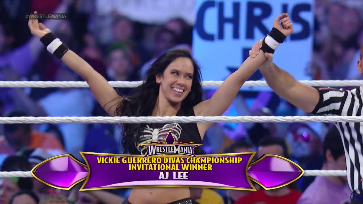 TravisJonesWWE's tweet photo. Lady @TheAJMendez - The #WorldWrestlingEntertainment #DivasChampion after retaining her @WWE #DivasTitle in a history making battle in the #VickieGuerreroInvitational at @WrestleMania 30, #TeamAJ &amp; I ❤️ it. #RT if u do #WeLoveAJ #IconicAJ #AJFansForEver #WrestleMania https://t.co/kSPwNKk5KV