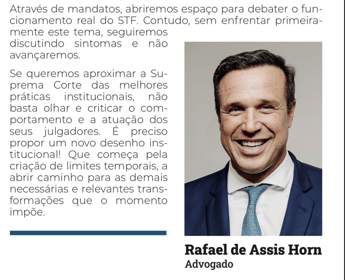 AssisHorn's tweet photo. Mandato para Ministros do STF, a reduzir a atual gigante e prolongada concentração de poder e tornar possível um novo desenho institucional do Tribunal, com limites temporais, constante oxigenação e necessárias transformações estruturais, foi o que defendemos hoje no Jornal ND. https://t.co/yajWn8yD60