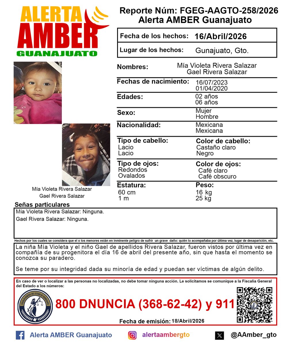 Activación de la Alerta AMBER Guanajuato de la niña Mía Violeta Rivera Salazar y del niño Gael Rivera Salazar de 2 y 6 años, Guanajuato, Gto. ¡Ayúdanos a localizarlos!
