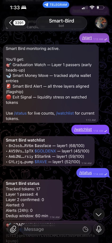 Savage27z's tweet photo. shipped smart-bird 🐦 for the @birdeye_data BIP hackathon

a public telegram bot that watches every new solana token launch and pings you when 3 onchain signals agree:

🎯 graduation score (volume, holders, buy pressure)
🐋 smart money entry (tracked alpha wallets)
🔴 liquidity stress (rug detection)

one signal lies. three can't.

built with python + birdeye data api. every call logged, fully open source.

try it : https://t.co/wZc7EgcAtf

#BirdeyeAPI