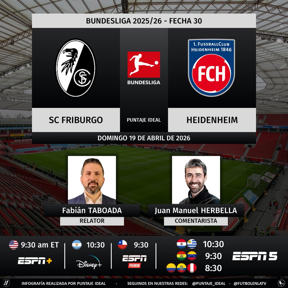 Puntaje_Ideal's tweet image. ⚽ #Bundesliga 🇩🇪 | #Friburgo vs. #Heidenheim
🎙 Relator: @FabiTaboadaok
🎙 Comentarista: @JuanHerbella
📺 #ESPNPremium Chile 🇨🇱
📺 #ESPN5 Sudamérica (❌🇨🇱)
💻📱 @ESPNPlus 🇺🇸
💻📱 @disneyplusla Sudamérica 
🤳 #BUNDESLIGAxESPN - #SCFFCH  
Dale RT 🔃