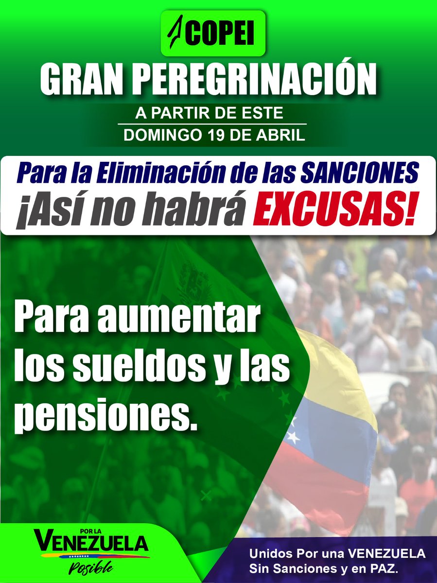 🌿 COPEI sale a la Gran Peregrinación Nacional

Desde este domingo 19 de abril hasta el 1 de mayo, COPEI estará presente y acompañando a la población venezolana. 

No lo hacemos como gesto de afecto ni de apoyo al Gobierno nacional. 

Lo hacemos porque desde hace años nuestra