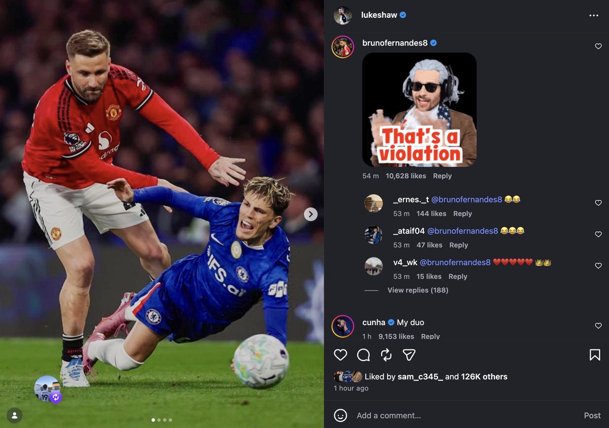 UnitedStandMUFC's tweet image. Bruno's reply to Luke Shaw's Insta post 💀 #mufc